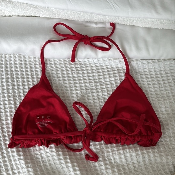 ARO Red Ruffle Textured Ribbed Triangle String Bikini Top - Picture 3 of 5